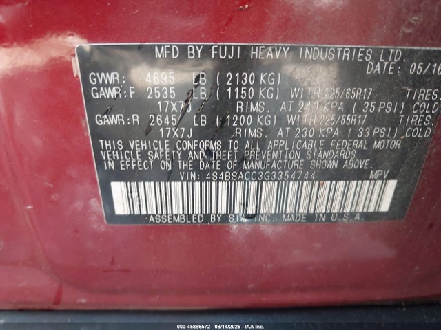 Продаж на аукціоні авто 2016 Subaru Outback 2.5i Premium, vin: 4S4BSACC3G3354744, номер лоту: 45886572