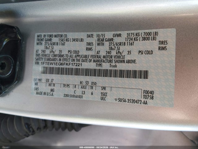 45886590 :رقم المزاد ، 1FTEW1EG6FKF17221 vin ، 2015 Ford F-150 Xlt مزاد بيع