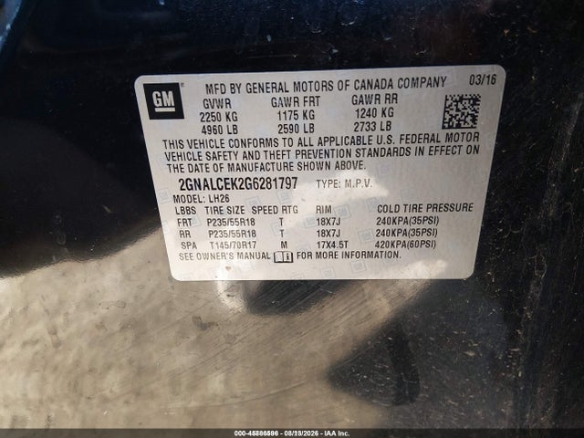 Продаж на аукціоні авто 2016 Chevrolet Equinox Lt, vin: 2GNALCEK2G6281797, номер лоту: 45886596