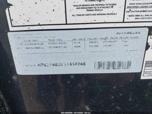 Продаж на аукціоні авто 2025 Pj Trailers Unknown, vin: 4P53F4520S1414945, номер лоту: 45886599