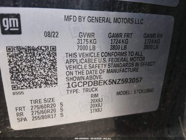 Продажа на аукционе авто 2022 Chevrolet Silverado 1500 4wd  Short Bed Custom, vin: 1GCPDBEK5NZ593057, номер лота: 45886638