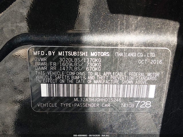 45886663 :رقم المزاد ، ML32A3HJ0HH015246 vin ، 2017 Mitsubishi Mirage Es مزاد بيع