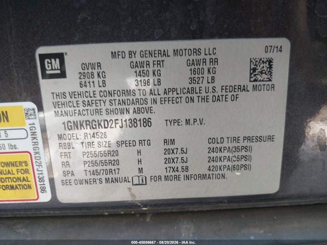 Продаж на аукціоні авто 2015 Chevrolet Traverse Lt, vin: 1GNKRGKD2FJ138186, номер лоту: 45886667