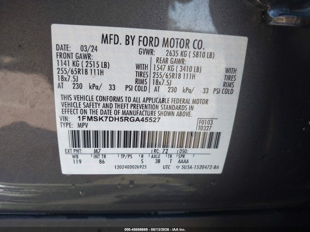 45886669 :رقم المزاد ، 1FMSK7DH5RGA45527 vin ، 2024 Ford Explorer Xlt مزاد بيع