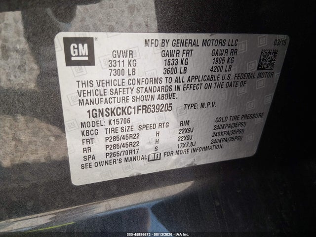 Продаж на аукціоні авто 2015 Chevrolet Tahoe Ltz, vin: 1GNSKCKC1FR639205, номер лоту: 45886673