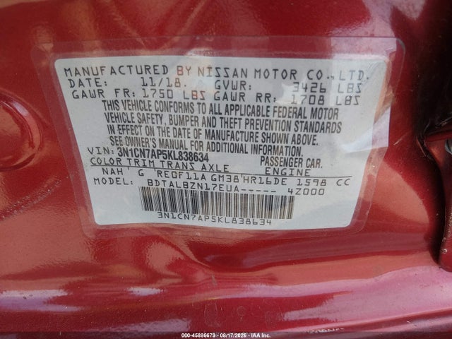 Nissan Versa 1.6 Sv 2019 3N1CN7AP5KL838634 Image 9