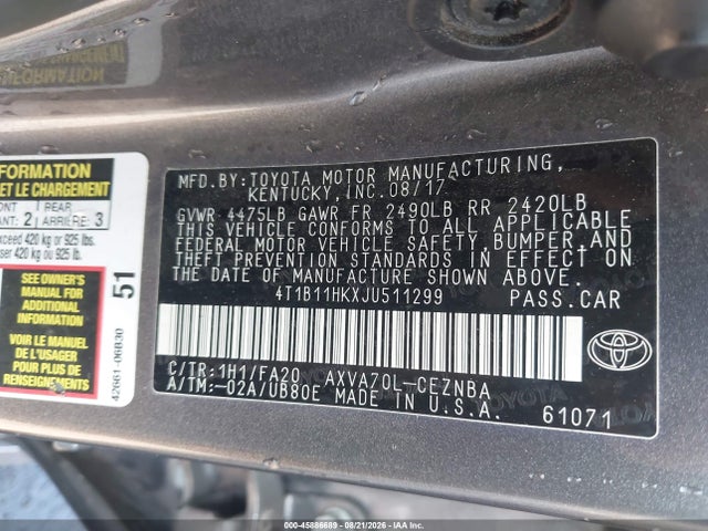2018 Toyota Camry Le მანქანა იყიდება აუქციონზე, vin: 4T1B11HKXJU511299, აუქციონის ნომერი: 45886689