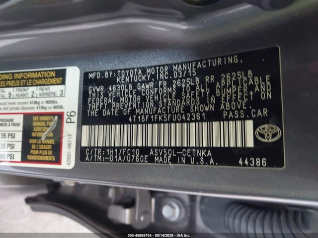2015 Toyota Camry Le მანქანა იყიდება აუქციონზე, vin: 4T1BF1FK5FU042361, აუქციონის ნომერი: 45886704