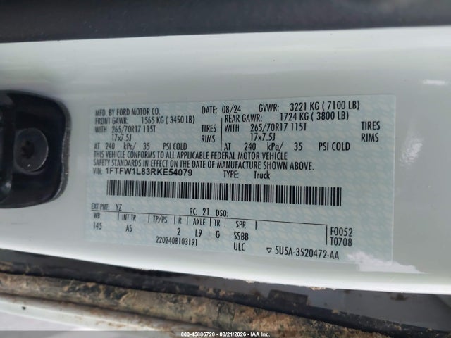 2024 Ford F-150 Xl მანქანა იყიდება აუქციონზე, vin: 1FTFW1L83RKE54079, აუქციონის ნომერი: 45886720