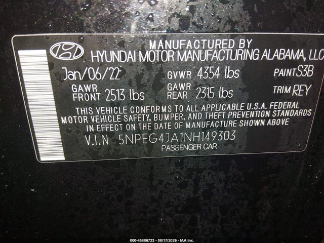 Продаж на аукціоні авто 2022 Hyundai Sonata Se, vin: 5NPEG4JA1NH149303, номер лоту: 45886723