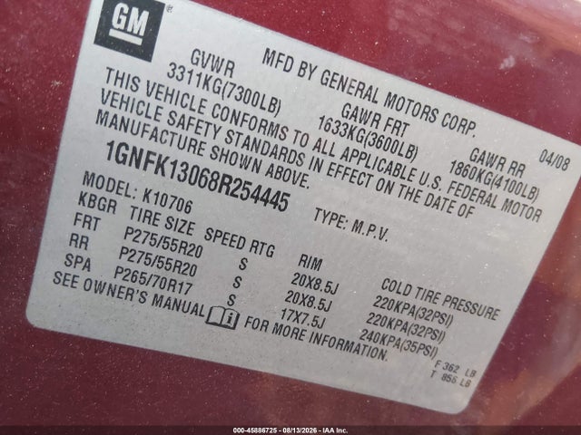 Aukcja sprzedaży 2008 Chevrolet Tahoe Lt, vin: 1GNFK13068R254445, numer aukcji: 45886725