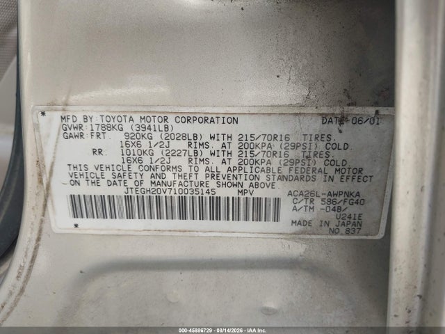 Продажа на аукционе авто 2001 Toyota Rav4, vin: JTEGH20V710035145, номер лота: 45886729