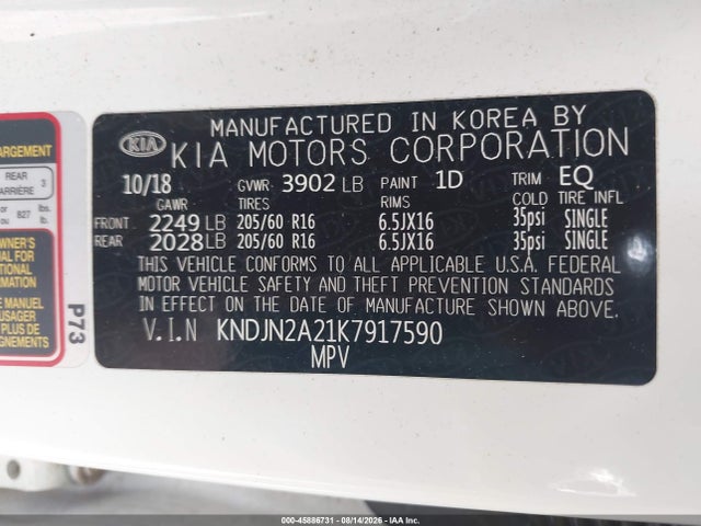 Aukcja sprzedaży 2019 Kia Soul, vin: KNDJN2A21K7917590, numer aukcji: 45886731