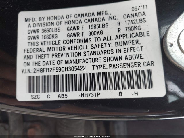 Продаж на аукціоні авто 2012 Honda Civic Lx, vin: 2HGFB2F59CH305422, номер лоту: 45886738