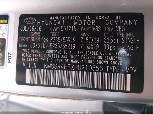 45886746 :رقم المزاد ، KM8SR4HFXHU210555 vin ، 2017 Hyundai Santa Fe Limited Ultimate مزاد بيع