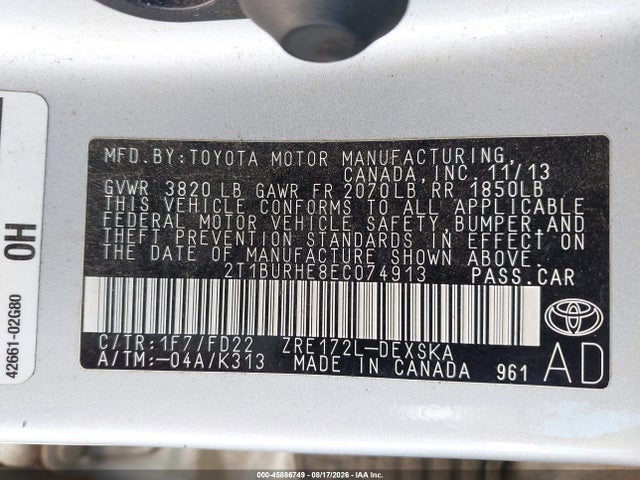 Продаж на аукціоні авто 2014 Toyota Corolla S Plus, vin: 2T1BURHE8EC074913, номер лоту: 45886749