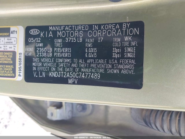 45886751 :رقم المزاد ، KNDJT2A50C7477489 vin ، 2012 Kia Soul مزاد بيع