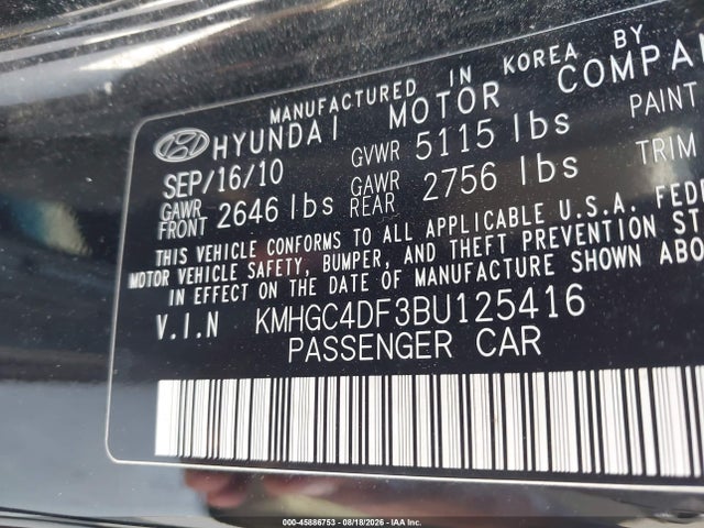 Продажа на аукционе авто 2011 Hyundai Genesis 4.6, vin: KMHGC4DF3BU125416, номер лота: 45886753