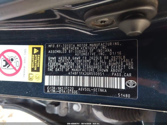 Продажа на аукционе авто 2016 Toyota Camry Le, vin: 4T4BF1FK3GR550951, номер лота: 45886761