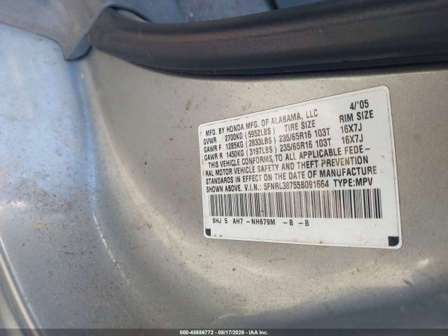Aukcja sprzedaży 2005 Honda Odyssey Ex-l, vin: 5FNRL38755B091664, numer aukcji: 45886772