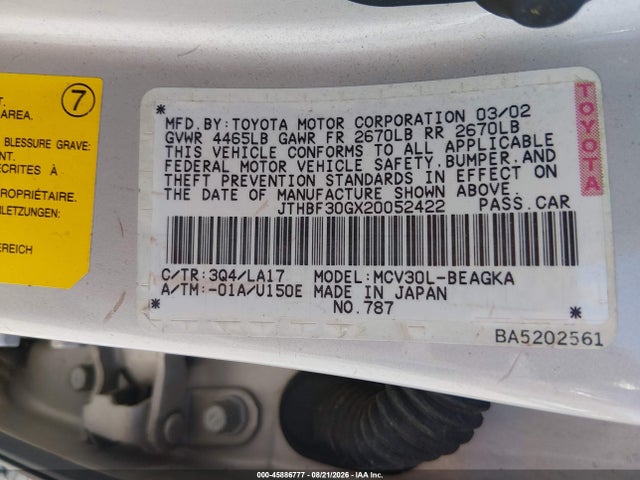 Aukcja sprzedaży 2002 Lexus Es 300, vin: JTHBF30GX20052422, numer aukcji: 45886777