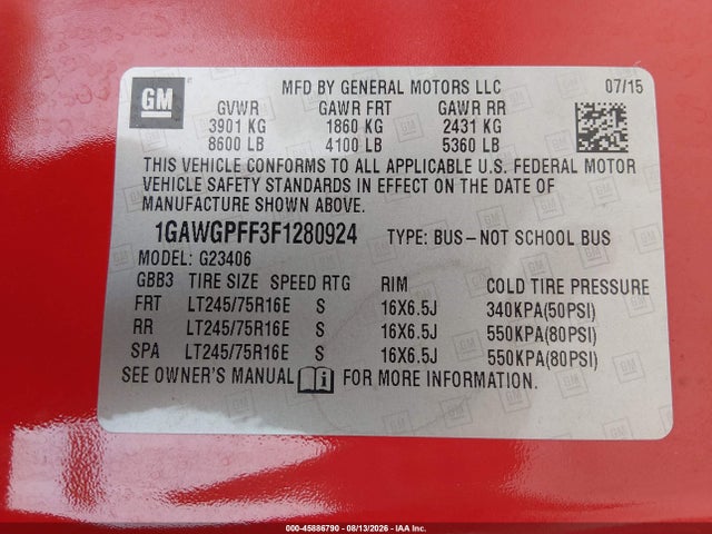 45886790 :رقم المزاد ، 1GAWGPFF3F1280924 vin ، 2015 Chevrolet Express 2500 Ls مزاد بيع