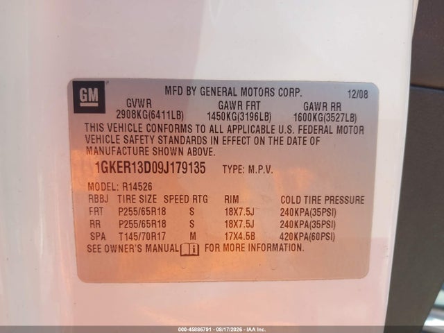 Aukcja sprzedaży 2009 Gmc Acadia Sle1, vin: 1GKER13D09J179135, numer aukcji: 45886791