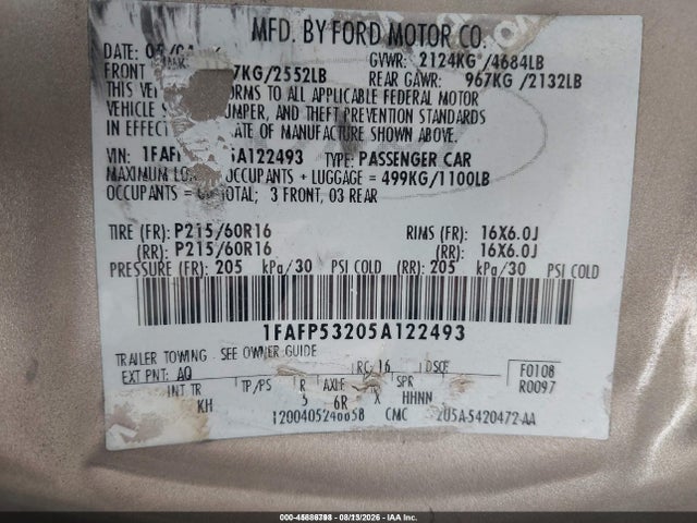 45886798 :رقم المزاد ، 1FAFP53205A122493 vin ، 2005 Ford Taurus Se مزاد بيع