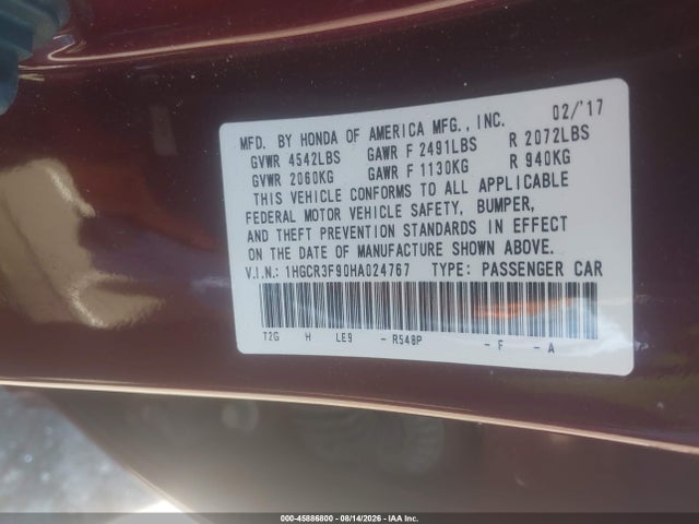 Aukcja sprzedaży 2017 Honda Accord Touring V6, vin: 1HGCR3F90HA024767, numer aukcji: 45886800
