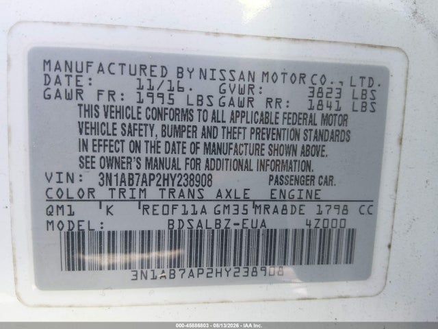 Aukcja sprzedaży 2017 Nissan Sentra S, vin: 3N1AB7AP2HY238908, numer aukcji: 45886803