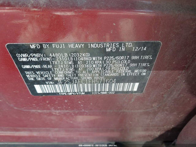 2015 Subaru Forester 2.5i Premium მანქანა იყიდება აუქციონზე, vin: JF2SJAFC1FH571604, აუქციონის ნომერი: 45886815