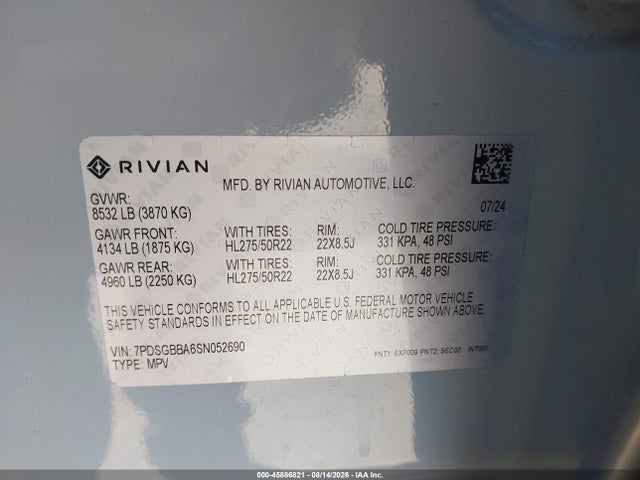 Aukcja sprzedaży 2025 Rivian R1s Adventure Dual Motor Large Pack/adventure Dual Motor Max Pack, vin: 7PDSGBBA6SN052690, numer aukcji: 45886821
