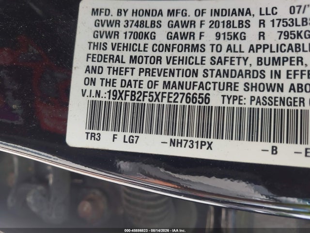 45886823 :رقم المزاد ، 19XFB2F5XFE276656 vin ، 2015 Honda Civic Lx مزاد بيع