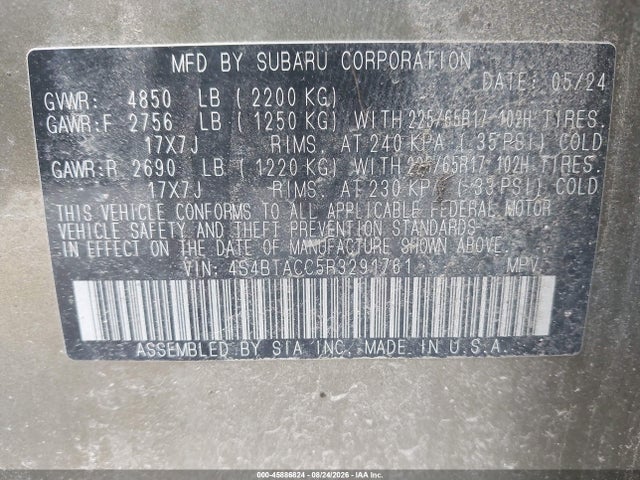 Aukcja sprzedaży 2024 Subaru Outback Premium, vin: 4S4BTACC5R3291761, numer aukcji: 45886824
