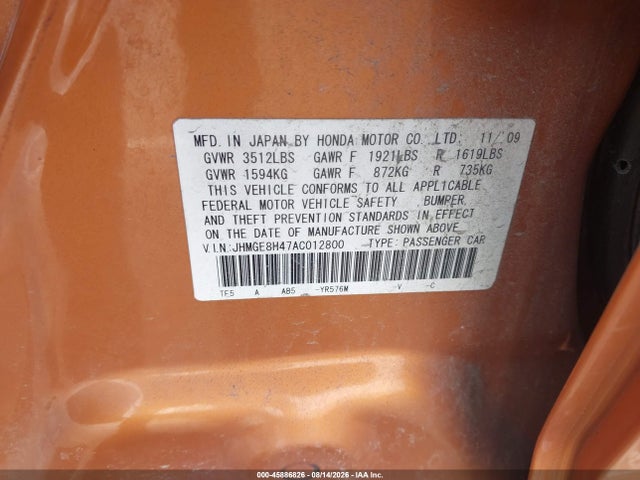 Aukcja sprzedaży 2010 Honda Fit Sport, vin: JHMGE8H47AC012800, numer aukcji: 45886826