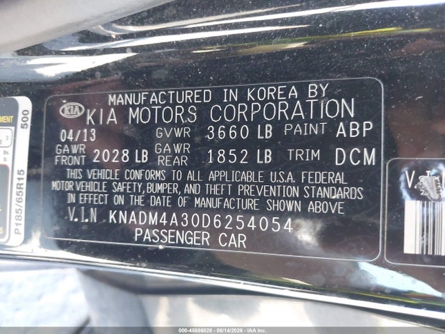 2013 Kia Rio Lx მანქანა იყიდება აუქციონზე, vin: KNADM4A30D6254054, აუქციონის ნომერი: 45886828