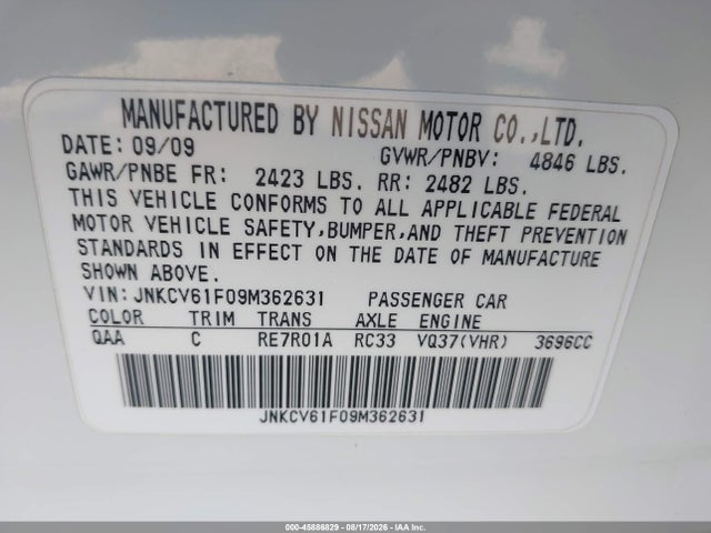 2009 Infiniti G37x მანქანა იყიდება აუქციონზე, vin: JNKCV61F09M362631, აუქციონის ნომერი: 45886829