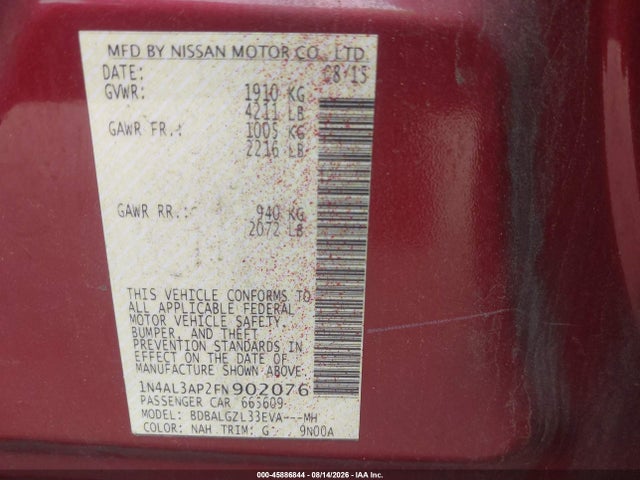 2015 Nissan Altima 2.5 S მანქანა იყიდება აუქციონზე, vin: 1N4AL3AP2FN902076, აუქციონის ნომერი: 45886844