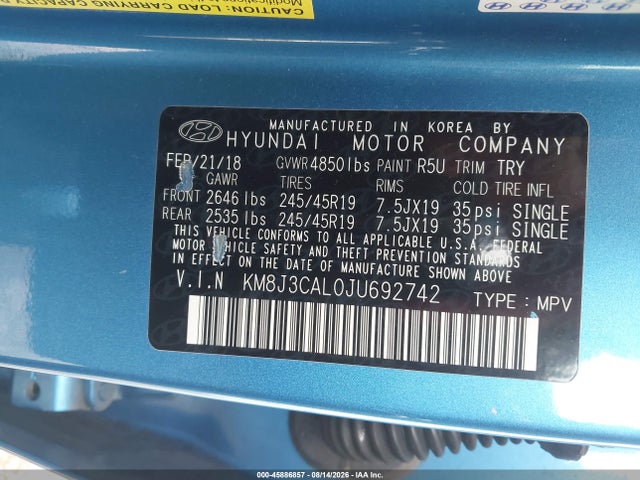 2018 Hyundai Tucson Sport მანქანა იყიდება აუქციონზე, vin: KM8J3CAL0JU692742, აუქციონის ნომერი: 45886857