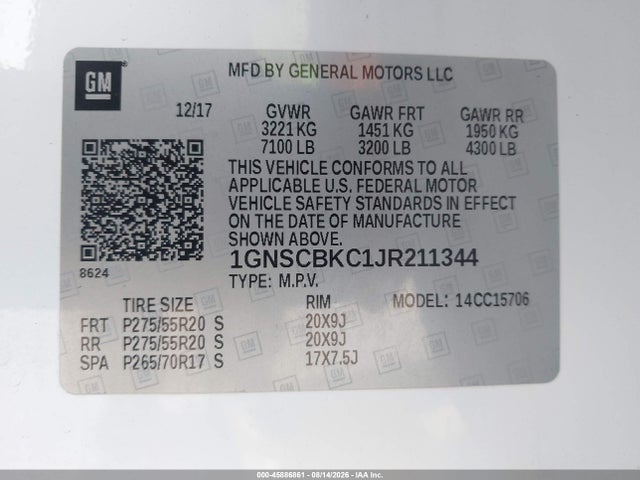 45886861 :رقم المزاد ، 1GNSCBKC1JR211344 vin ، 2018 Chevrolet Tahoe Lt مزاد بيع