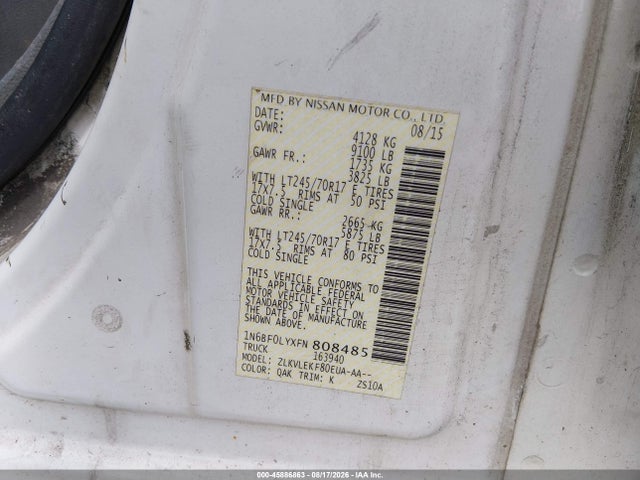 2015 Nissan Nv Cargo Nv2500 Hd Sv V6 მანქანა იყიდება აუქციონზე, vin: 1N6BF0LYXFN808485, აუქციონის ნომერი: 45886863