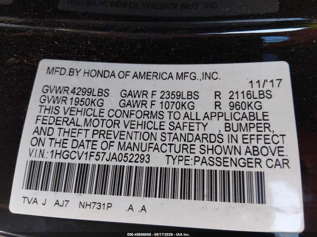 Продаж на аукціоні авто 2018 Honda Accord Ex-l, vin: 1HGCV1F57JA052293, номер лоту: 45886889