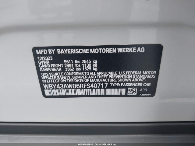 Aukcja sprzedaży 2024 Bmw I4 Gran Coupe Edrive35, vin: WBY43AW06RFS40717, numer aukcji: 45886890