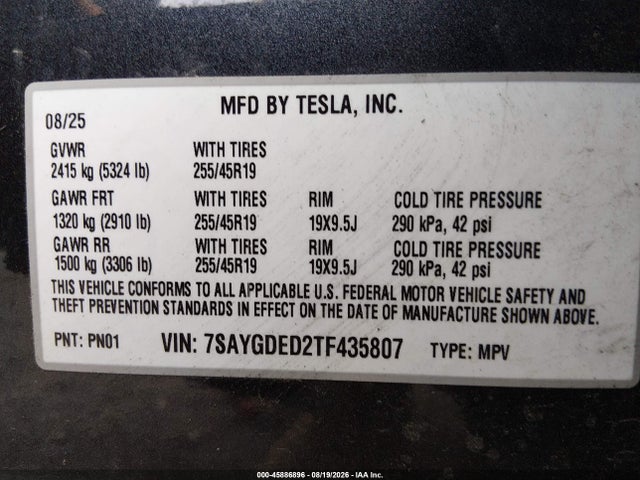 Продаж на аукціоні авто 2026 Tesla Model Y Premium/rear-wheel Drive, vin: 7SAYGDED2TF435807, номер лоту: 45886896