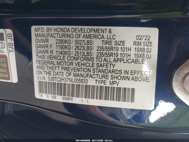 45886906 :رقم المزاد ، 5J8TC2H37NL005833 vin ، 2022 Acura Rdx Standard مزاد بيع