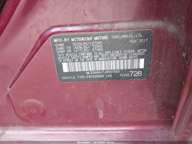 Продажа на аукционе авто 2018 Mitsubishi Mirage Se, vin: ML32A4HJ7JH007043, номер лота: 45886911