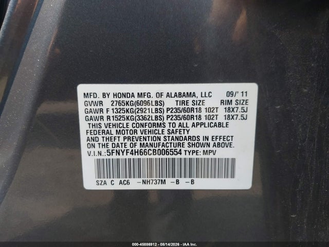 45886912 :رقم المزاد ، 5FNYF4H66CB006554 vin ، 2012 Honda Pilot Ex-l مزاد بيع