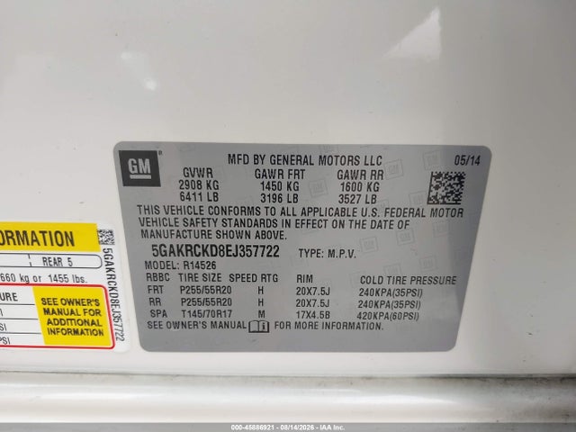 Buick Enclave Premium 2014 5GAKRCKD8EJ357722 Image 9