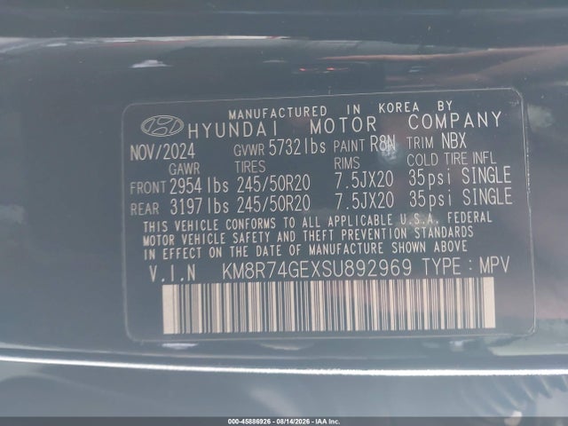 45886926 :رقم المزاد ، KM8R74GEXSU892969 vin ، 2025 Hyundai Palisade Calligraphy مزاد بيع