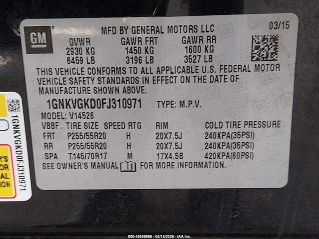 1GNKVGKD0FJ310971 Chevrolet Traverse Lt